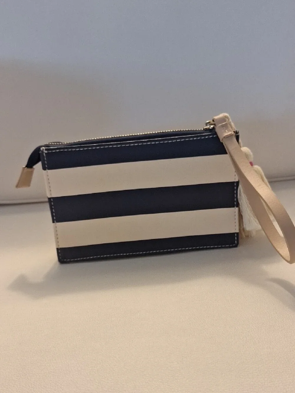 Gorgeous Spartina Striped Navy and White Leather Wristlet Pouch with Tassel